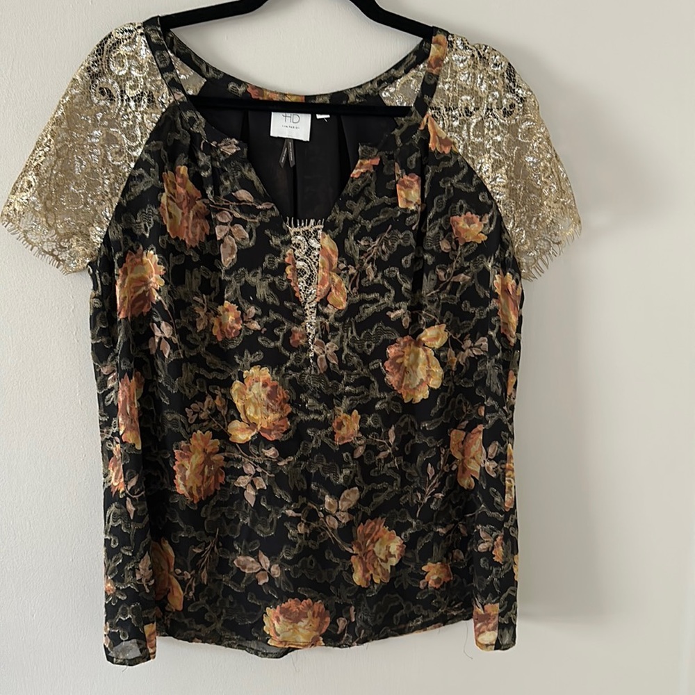 Anthropologie short sleeve lace trim blouse size 12